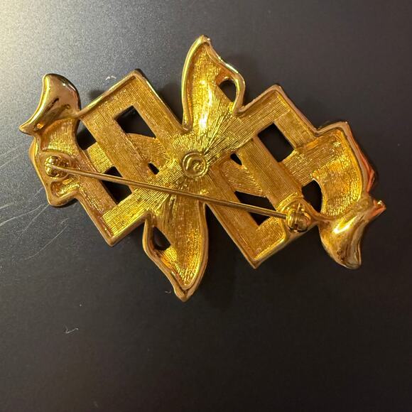 Swarovski Gold Tone Black Enamel Rhinestone Pin Brooch - Picture 5 of 7